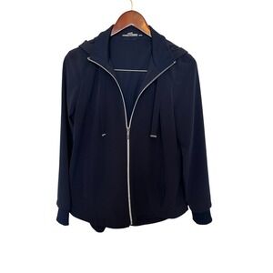 Chico's Navy Stretch Knit Zip Up Hooded Jacket Womens Size 6 Athleisure Wear Fit